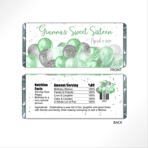 Green Balloons Candy Bar Wrapper - Cathy's Creations - www.candywrappershop.com