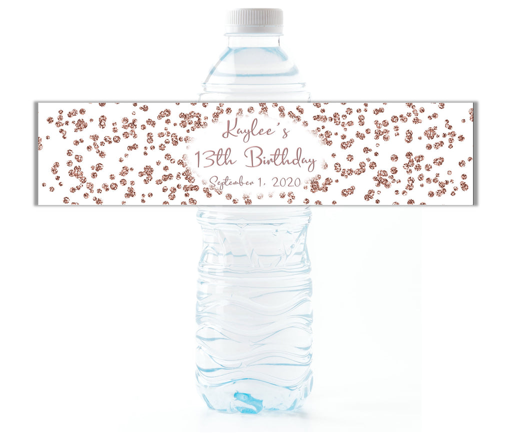 Rose Gold Glitter Confetti Water Bottle Labels - Cathy's Creations - www.candywrappershop.com