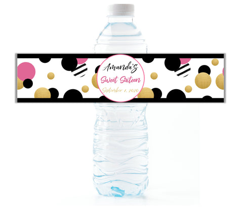 Pink Retro Dot Water Bottle Labels - Cathy's Creations - www.candywrappershop.com