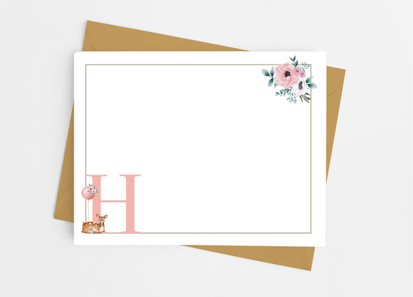 Floral Deer Single Initial Monogram Flat Note Cards - Cathy's Creations - www.candywrappershop.com