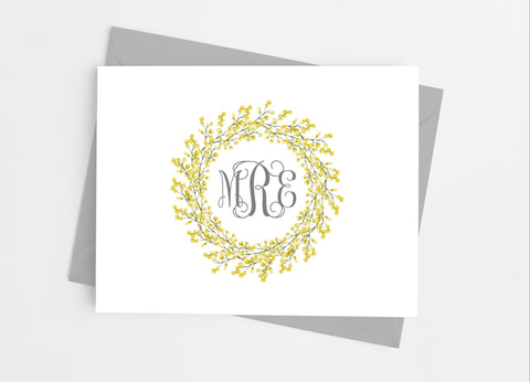 Yellow Wreath Monogram Note Cards - Cathy's Creations - www.candywrappershop.com