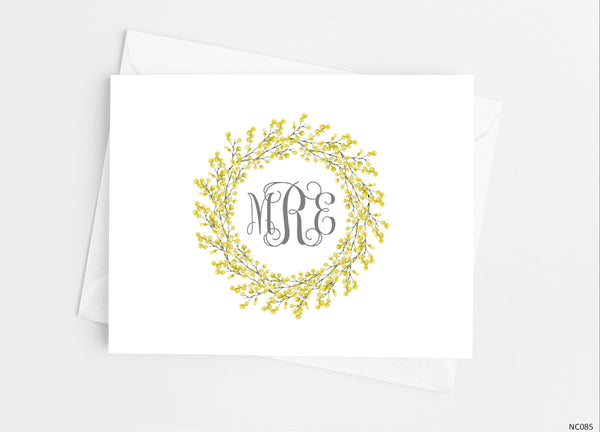 Yellow Wreath Monogram Note Cards - Cathy's Creations - www.candywrappershop.com