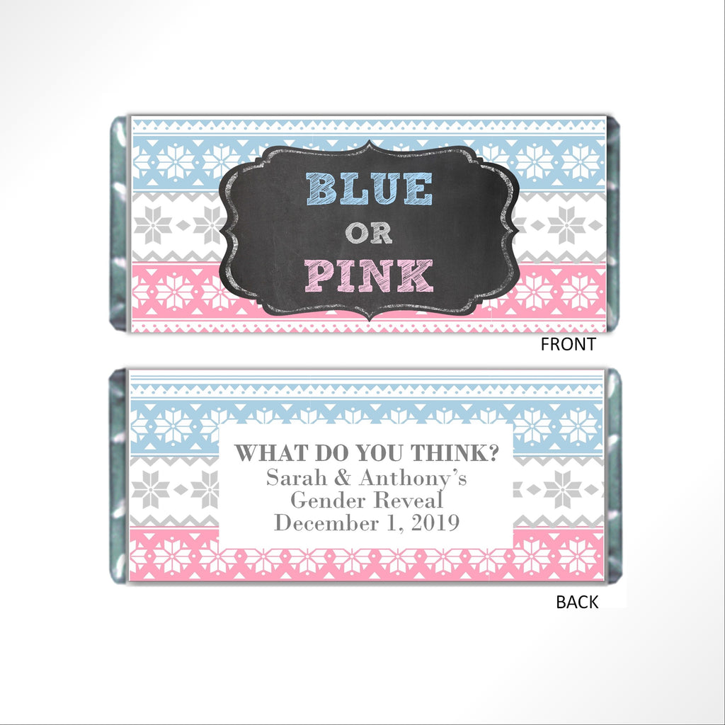 Snowflake Pattern Gender Reveal Candy Bar Wrapper - Cathy's Creations - www.candywrappershop.com