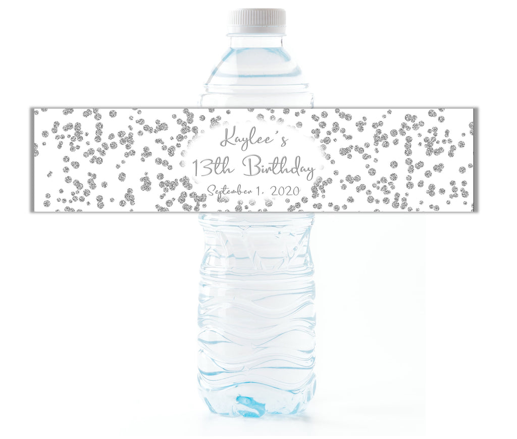 Silver Glitter Confetti Water Bottle Labels - Cathy's Creations - www.candywrappershop.com
