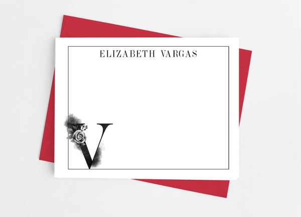 Black Floral Single Initial Monogram Flat Note Cards - Cathy's Creations - www.candywrappershop.com