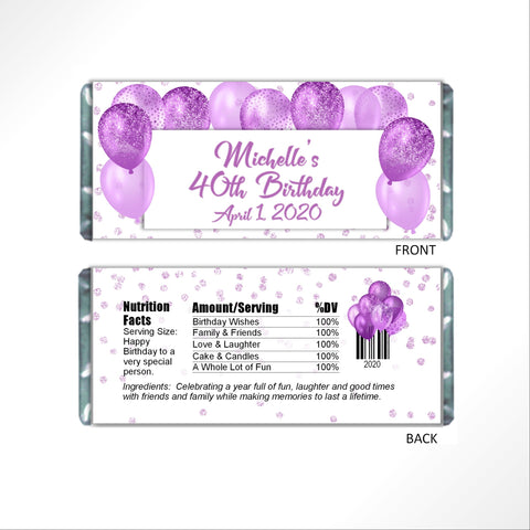 Purple Balloons Candy Bar Wrapper - Cathy's Creations - www.candywrappershop.com