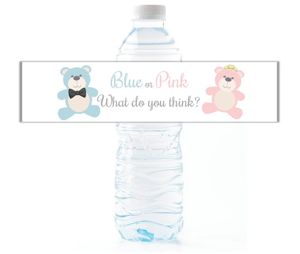 Teddy Bear Gender Reveal Water Bottle Labels - Cathy's Creations - www.candywrappershop.com