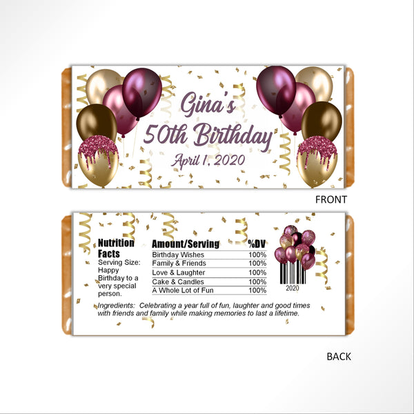 Burgandy and Gold Balloons Candy Bar Wrapper - Cathy's Creations - www.candywrappershop.com