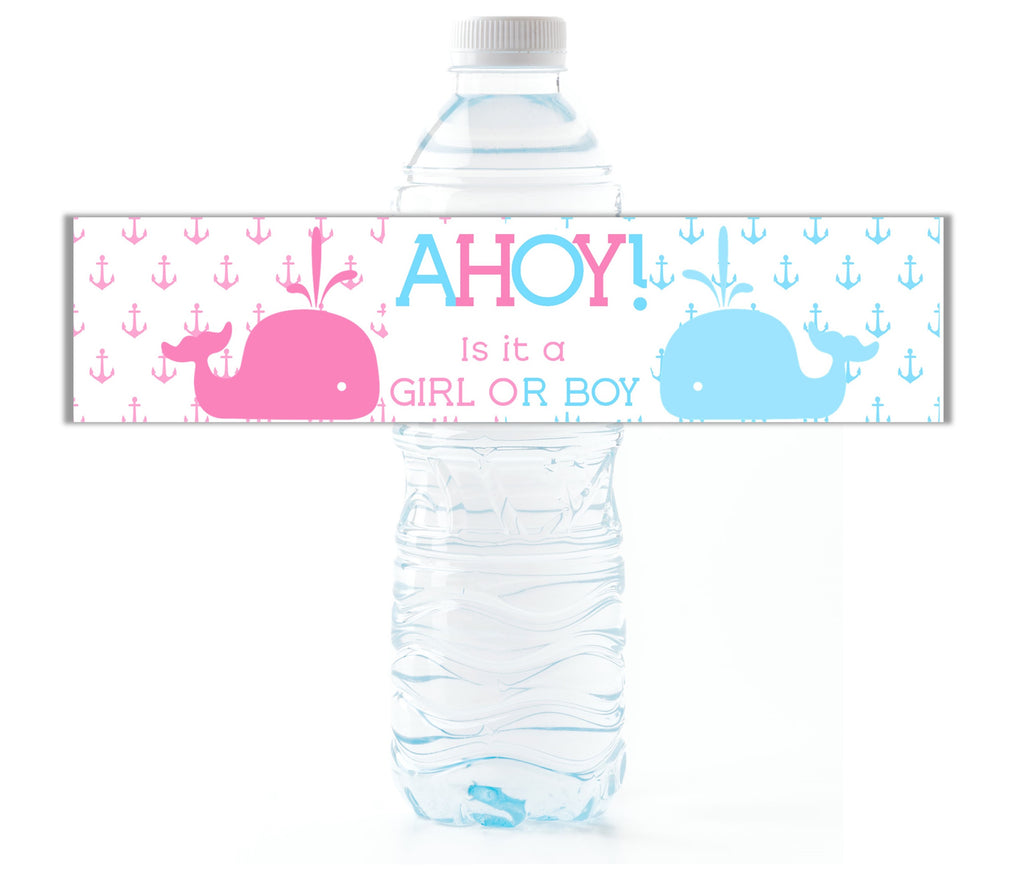 Nautical Whale Gender Reveal Water Bottle Labels - Cathy's Creations - www.candywrappershop.com