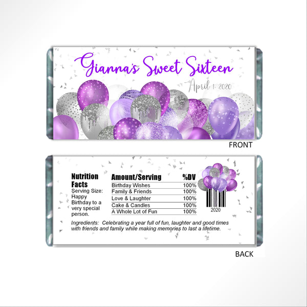 Purple Balloons Candy Bar Wrapper - Cathy's Creations - www.candywrappershop.com