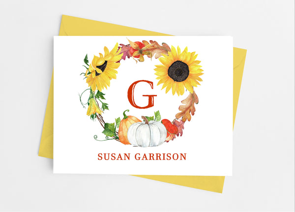 Sunflower and Pumpkin Monogram Note Cards - Cathy's Creations - www.candywrappershop.com