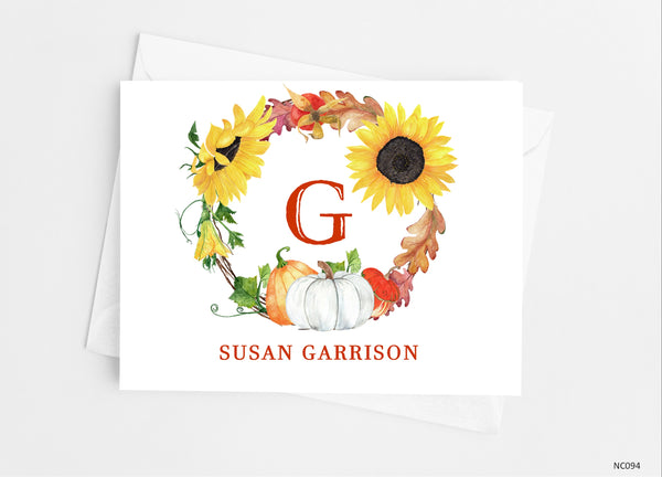 Sunflower and Pumpkin Monogram Note Cards - Cathy's Creations - www.candywrappershop.com
