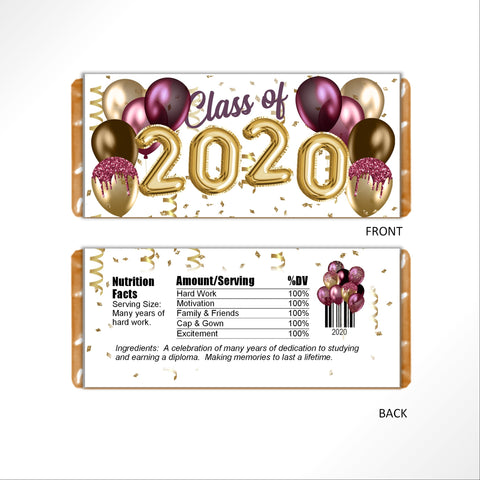Burgandy and Gold Graduation Balloons Candy Bar Wrapper - Cathy's Creations - www.candywrappershop.com