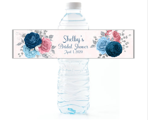 Pink and Blue Floral Water Bottle Labels - Cathy's Creations - www.candywrappershop.com