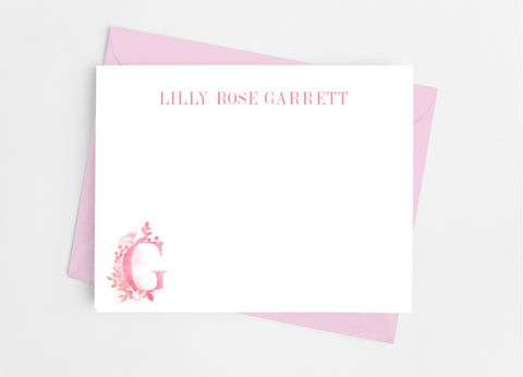 Pink Floral Single Initial Monogram Flat Note Cards - Cathy's Creations - www.candywrappershop.com