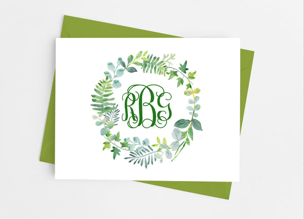 Botanical Greenery Monogram Note Cards - Cathy's Creations - www.candywrappershop.com