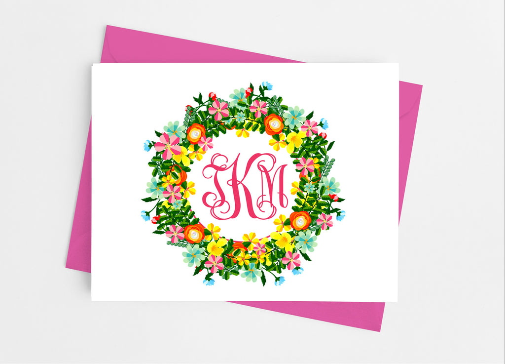 Floral Wreath Monogram Note Cards - Cathy's Creations - www.candywrappershop.com