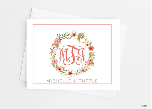 Monogram Floral Wreath Note Cards - Cathy's Creations - www.candywrappershop.com