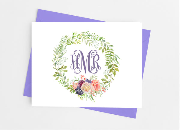 Floral Monogram Wreath Note Cards - Cathy's Creations - www.candywrappershop.com