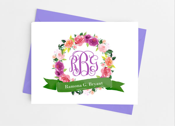 Floral Wreath Monogram Note Cards - Cathy's Creations - www.candywrappershop.com