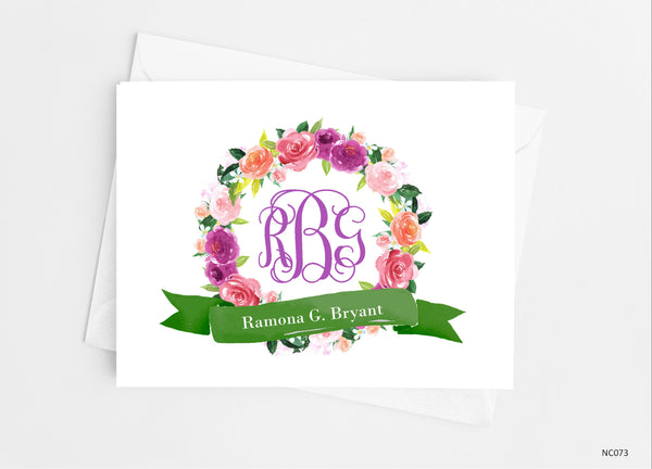 Floral Wreath Monogram Note Cards - Cathy's Creations - www.candywrappershop.com