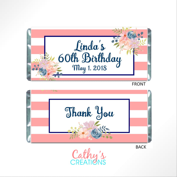 Pink and Navy Floral Candy Bar Wrapper - Cathy's Creations - www.candywrappershop.com