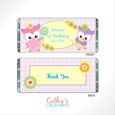 Pastel Owl Candy Bar Wrapper - Cathy's Creations - www.candywrappershop.com