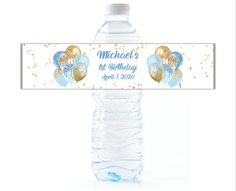 Blue and Gold Party Balloon Water Bottle Labels - Cathy's Creations - www.candywrappershop.com