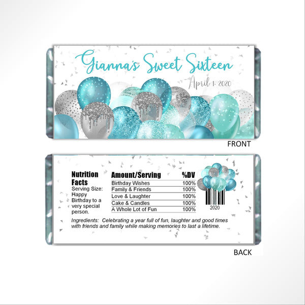 Aqua Balloons Candy Bar Wrapper - Cathy's Creations - www.candywrappershop.com