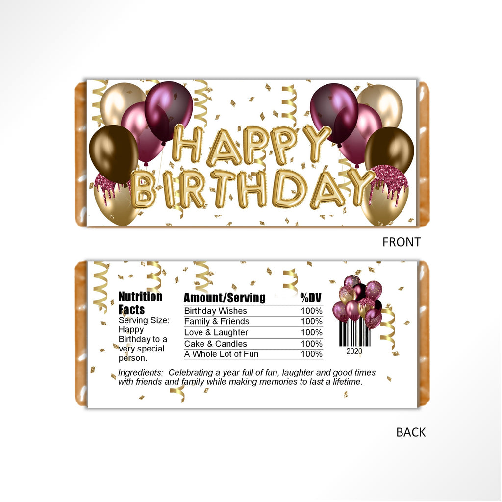 Burgundy and Gold Birthday Balloons Candy Bar Wrapper - Cathy's Creations - www.candywrappershop.com