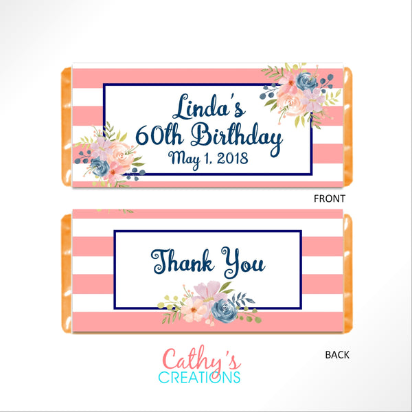 Pink and Navy Floral Candy Bar Wrapper - Cathy's Creations - www.candywrappershop.com