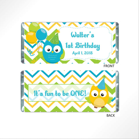 Owl Birthday Party Candy Bar Wrapper - Cathy's Creations - www.candywrappershop.com