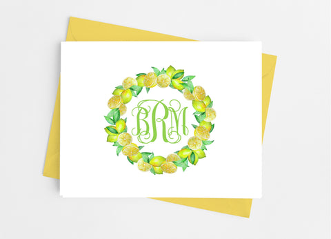 Lemon Wreath Monogram Note Cards - Cathy's Creations - www.candywrappershop.com