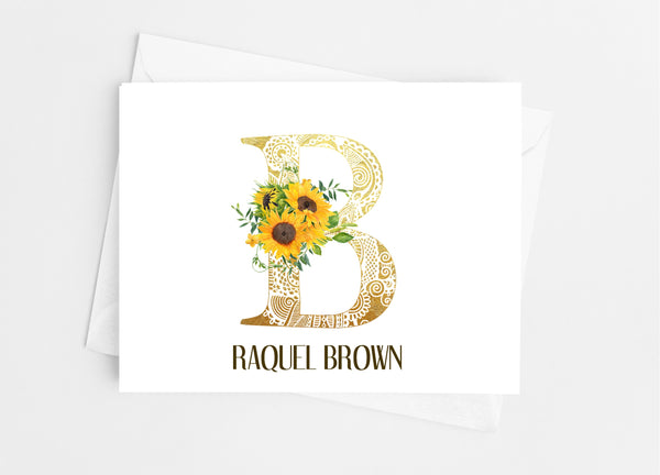 Sunflower Single Initial Monogram Note Cards - Cathy's Creations - www.candywrappershop.com