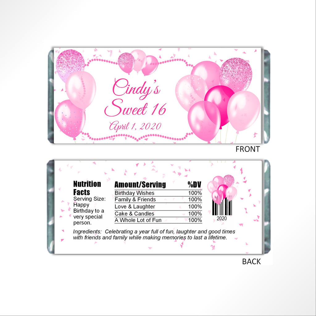 Pink Balloons Candy Bar Wrapper - Cathy's Creations - www.candywrappershop.com