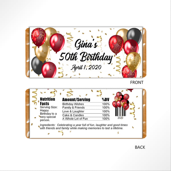Red and Gold Balloons Candy Bar Wrapper - Cathy's Creations - www.candywrappershop.com