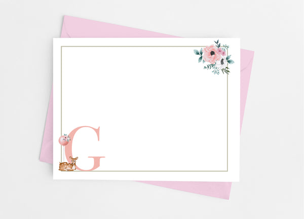 Floral Deer Single Initial Monogram Flat Note Cards - Cathy's Creations - www.candywrappershop.com
