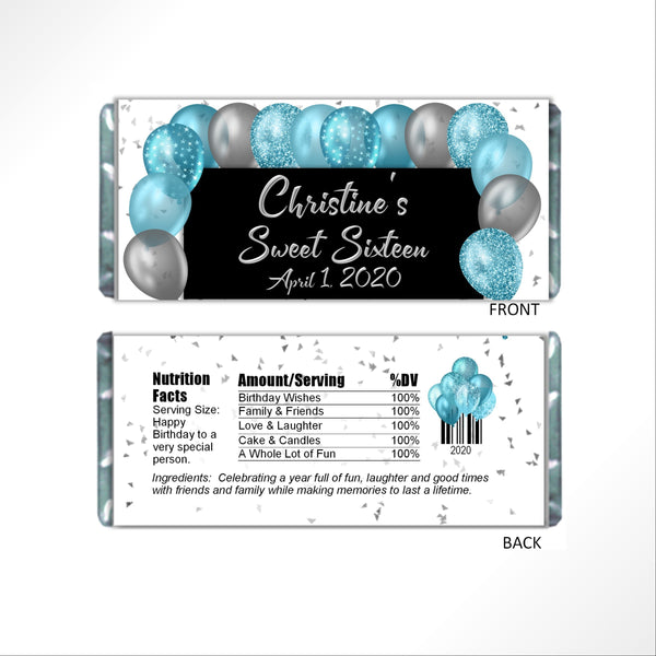 Aqua Balloons Candy Bar Wrapper - Cathy's Creations - www.candywrappershop.com