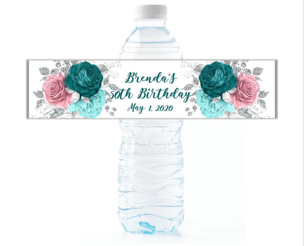 Blue and Pink Floral Water Bottle Labels - Cathy's Creations - www.candywrappershop.com