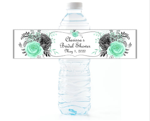 Mint and Grey Floral Water Bottle Labels - Cathy's Creations - www.candywrappershop.com