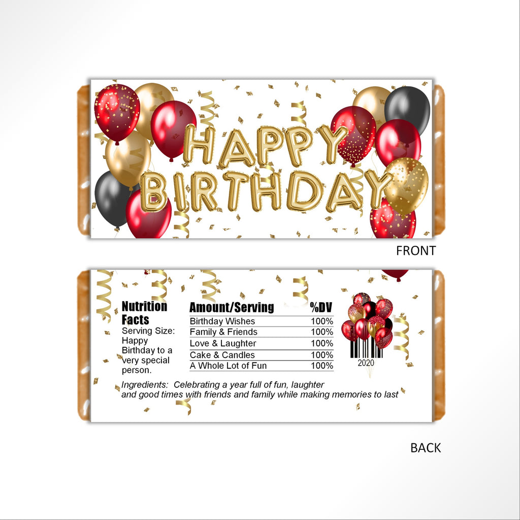 Red and Gold Birthday Balloons Candy Bar Wrapper - Cathy's Creations - www.candywrappershop.com