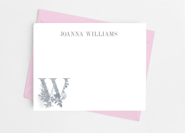 Grey Floral Single Initial Monogram Flat Note Cards - Cathy's Creations - www.candywrappershop.com