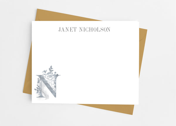 Grey Floral Single Initial Monogram Flat Note Cards - Cathy's Creations - www.candywrappershop.com