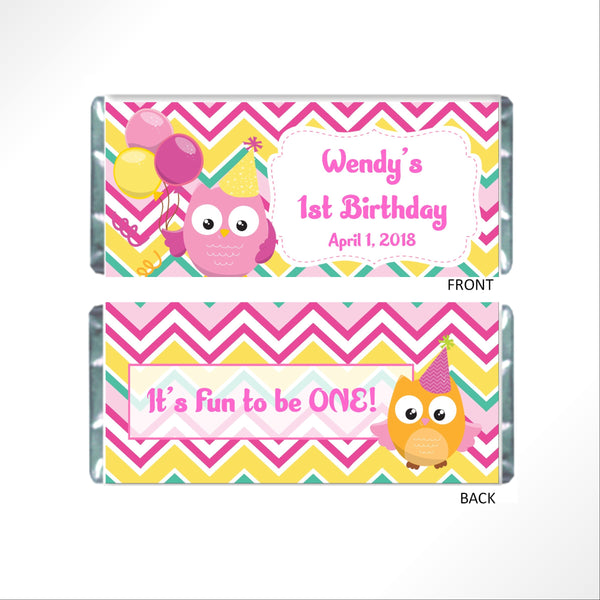 Owl Birthday Party Candy Bar Wrapper - Cathy's Creations - www.candywrappershop.com