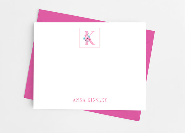 Pink Floral Single Initial Monogram Flat Note Cards - Cathy's Creations - www.candywrappershop.com