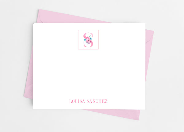 Pink Floral Single Initial Monogram Flat Note Cards - Cathy's Creations - www.candywrappershop.com