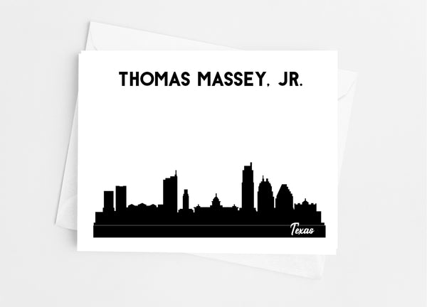 Texas State Skyline Personalized Note Cards - Cathy's Creations - www.candywrappershop.com