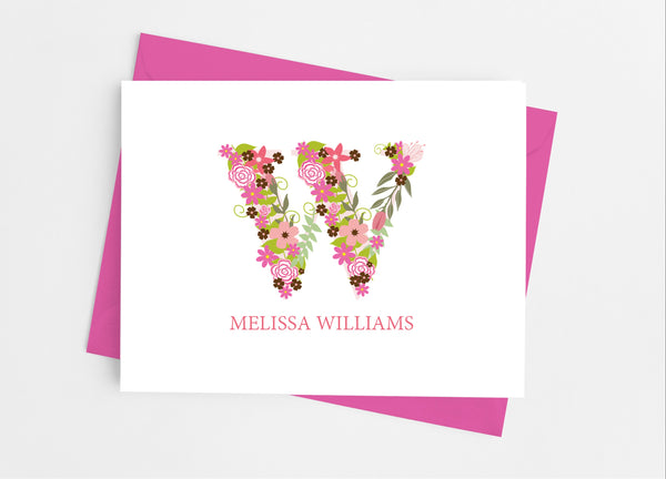 Pink Floral Single Initial Monogram Note Cards - Cathy's Creations - www.candywrappershop.com