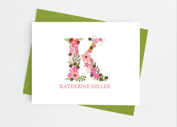 Pink Floral Single Initial Monogram Note Cards - Cathy's Creations - www.candywrappershop.com