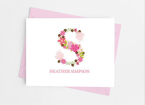 Pink Floral Single Initial Monogram Note Cards - Cathy's Creations - www.candywrappershop.com
